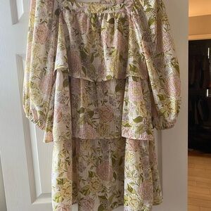 Tiered Floral Peasant Dress in Soft Pink and Olive